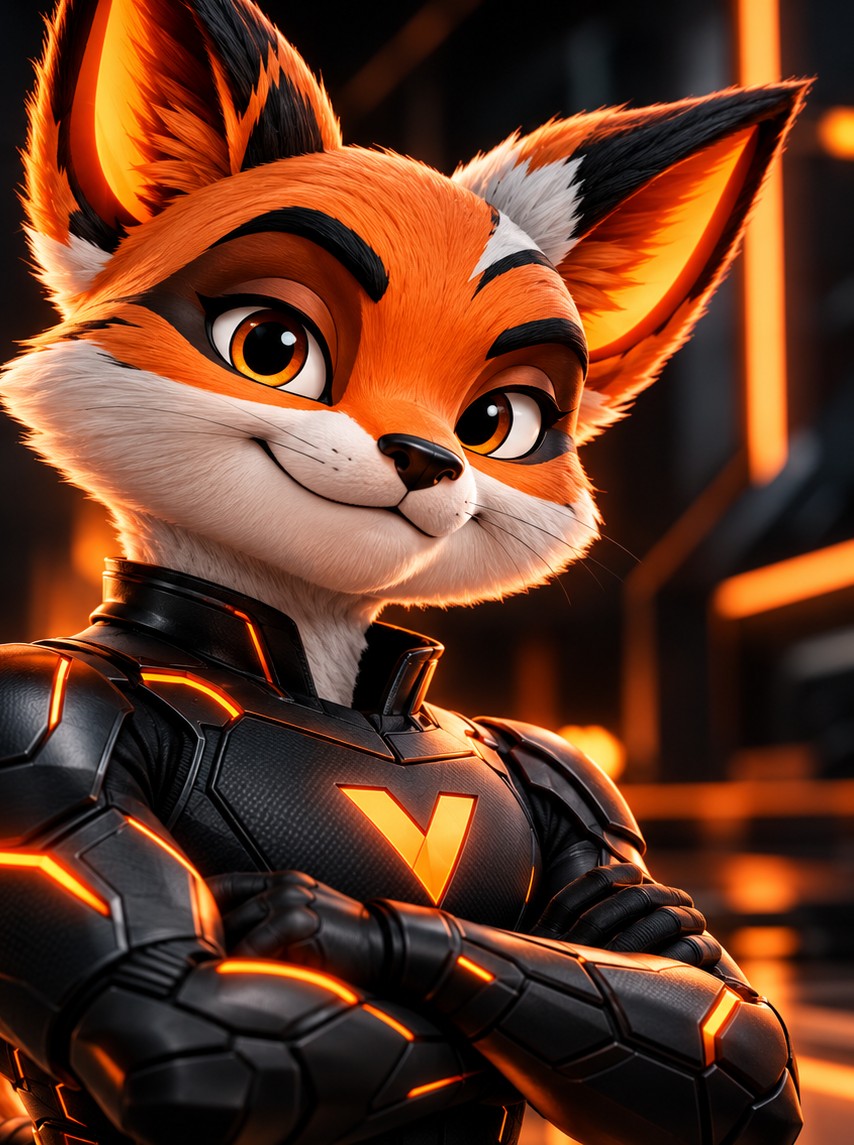 Mascote da VORIK LABS, uma raposa em traje tecnológico preto com detalhes laranja, de braços cruzados